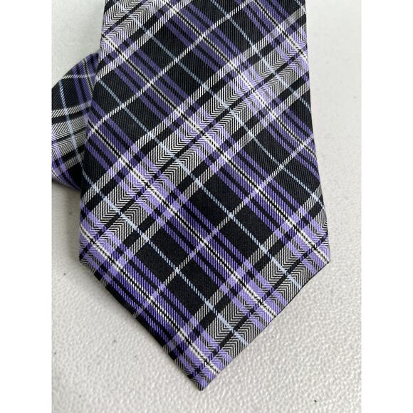 Chaps Black, Purple, Gray Plaid Pattern 100% Silk Handmade Tie NWOT - Picture 2 of 6